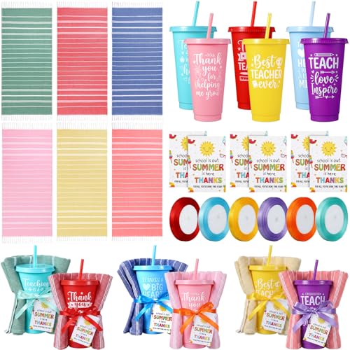 Lumina Garden 24 Pcs Summer Teacher Gifts Bulk End of Year Teacher Appreciation Cups 24 oz Plastic Tumblers with Lid and Straw Turkish Beach Towels Thank You Tags and Ribbons 6 Sets