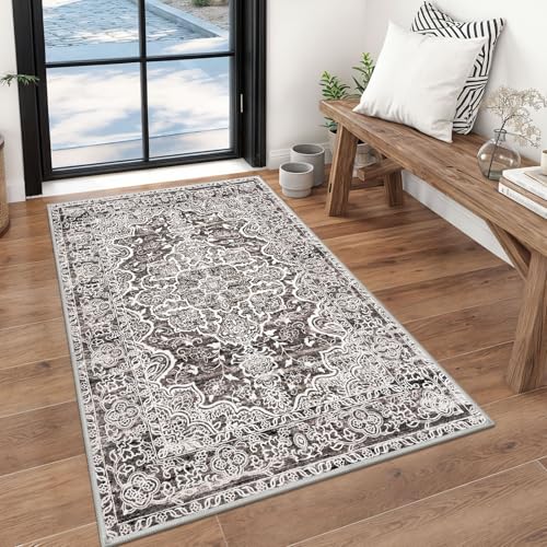 KUTA Vintage Floral Rug 3x5, Area Rugs for Living Room Tan Grey Washable Kitchen Non-Slip, Ultra Soft Printed Distressed Tribal Low-Pile Entry Throw Carpet for Nursery Living Room