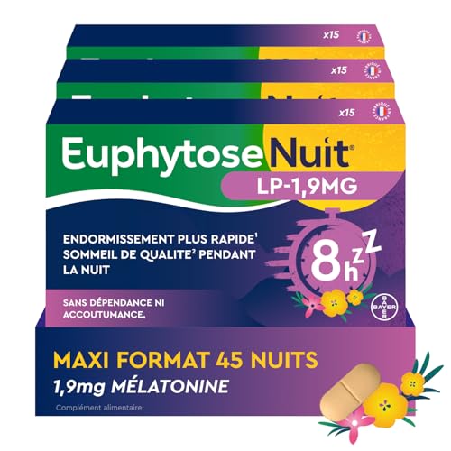 Euphytose Nuit LP Mélatonine 1,9 mg - Complément Alimentaire Sommeil Adulte - Favorise l'Endormissement et la Qualité du Sommeil - Libération Prolongée 8H -...