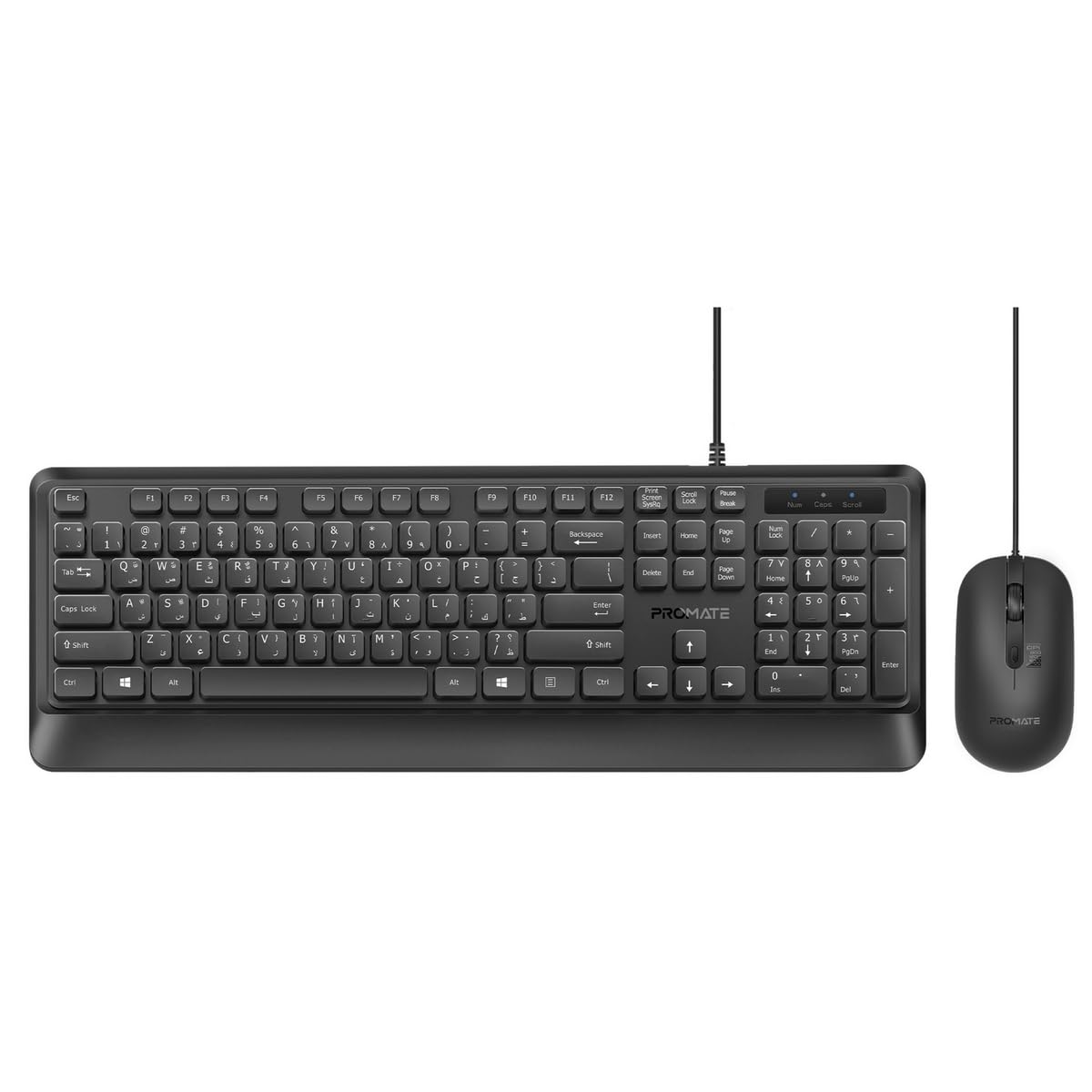 Promate Ultra-Slim Wired Keyboard with 2400 DPI Mouse, Silicone Grip, English/Arabic buttons, Palm Rest and Angled Design, Combo-CM5
