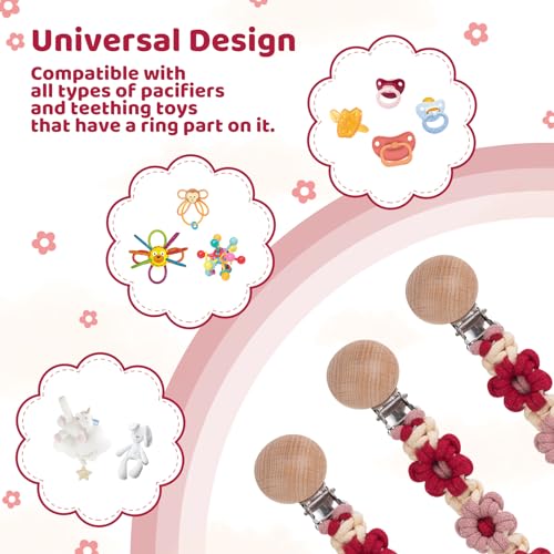 Image of Pacifier Clip for Boys Girls Floral Daisy Macrame Baby Paci Clip Pacifier Holder Leash Boho Wooden Clips Handmade Braided Cotton Binky Clips (2pack:Red Daisy x 2)