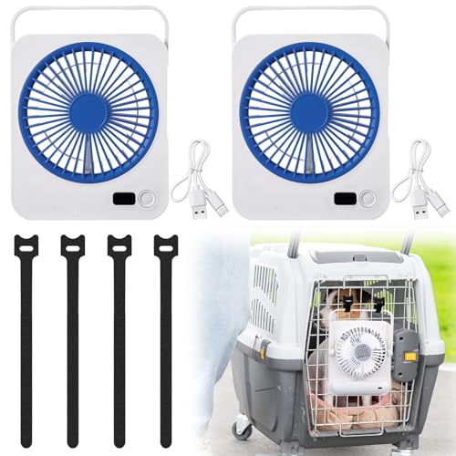 Grinsvalley 2 Pcs Pet Crate Fan for Cooling Dogs and Other Pets Quiet Portable Battery Kennel Fan 5 Cooling Speeds Battery Operated & USB Powered (White and Blue)