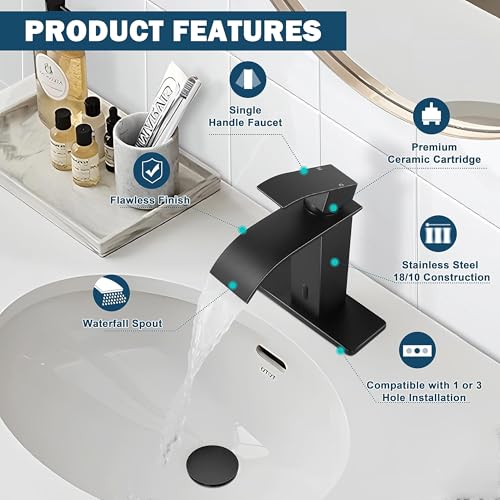 Image of Touchless Bathroom Sink Faucet, Herogo Automatic Sensor Matte Black Waterfall Stainless Steel Bathroom Faucet with Brass Pop Up Drain for Vanity RV Lavatory Farmhouse