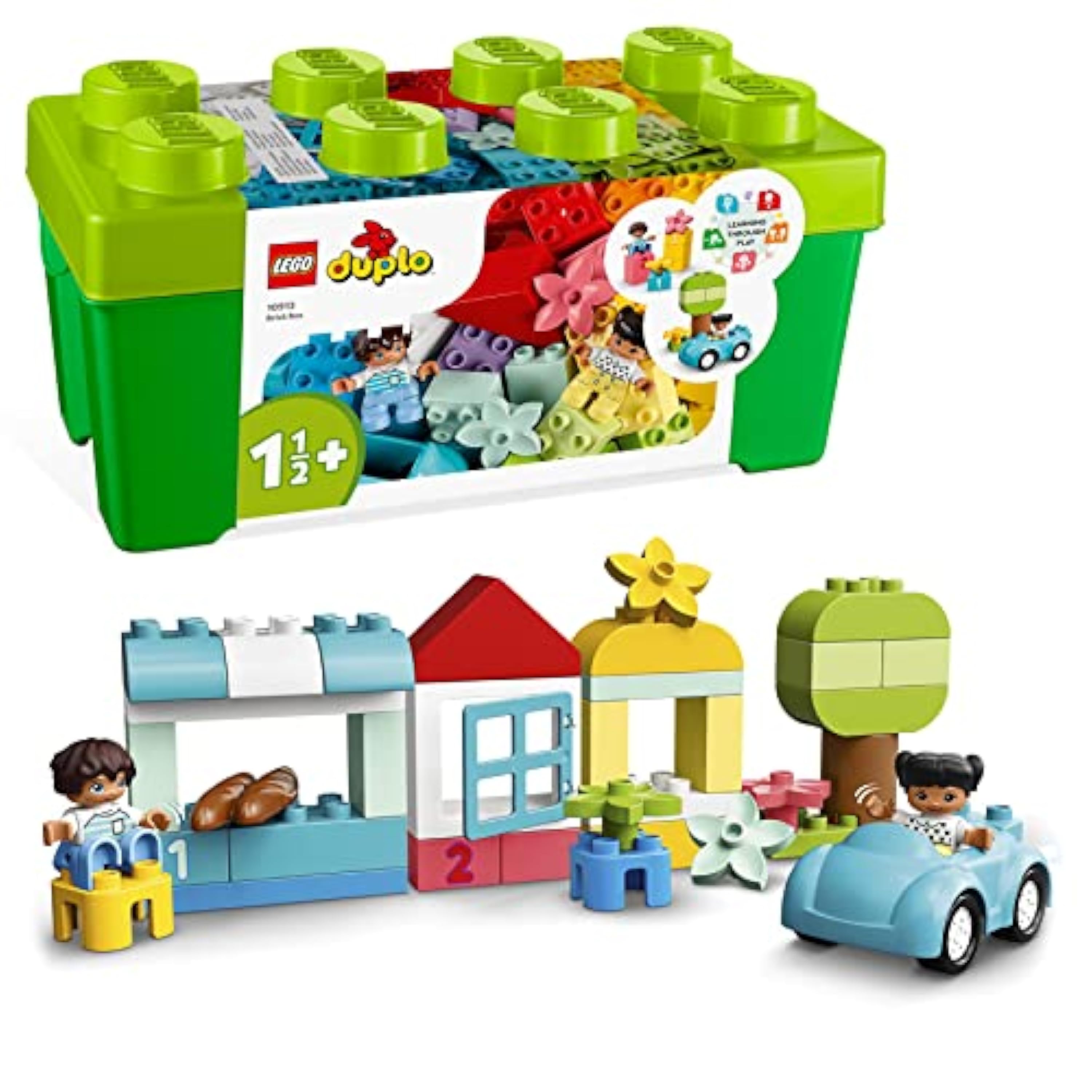 LEGO Duplo Caja de Ladrillos - Juguete Educativo Apilable para Niños y Niñas de 1+ Años - Ladrillos Numéricos de Colores, Cocohe y 2 Figuras - Caja para Guardar Juguetes 10913
