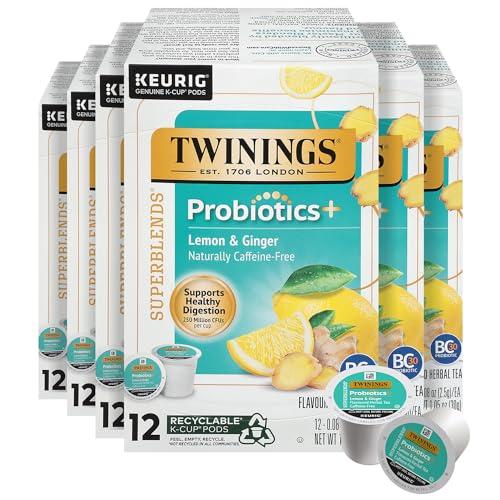 Twinings Probiotics+ Lemon &amp; Ginger Herbal Tea 72 K-Cup Pods for Keurig, 12 Count (Pack of 6), Supports Digestive Health, Naturally Caffeine-Free, Enjoy Hot or Iced