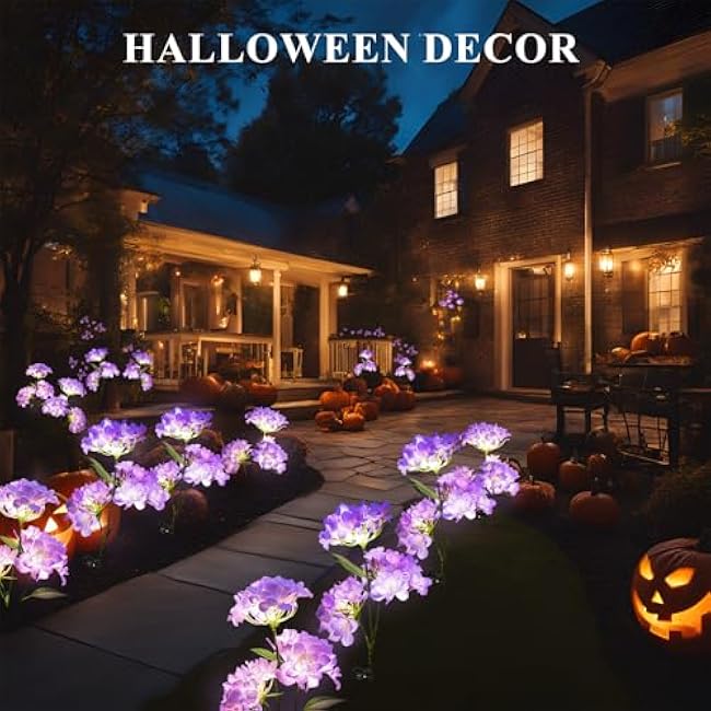 Garden Lights Solar Flower Light, LED Solar Powered Outdoor Light Decor for Path Yard Walkway Patio Balcony Lawn, Hydrangea Artificial Flower (Purple, 2)
