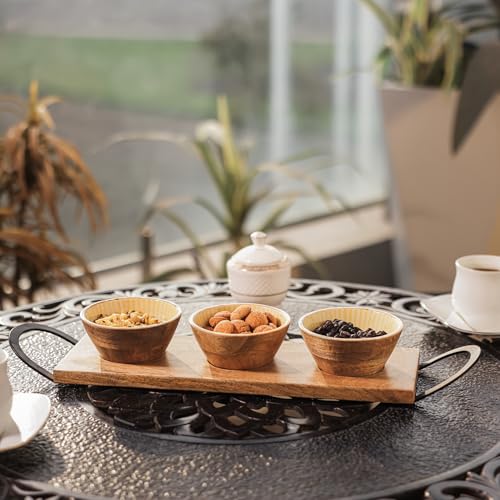 Image of Tripple Treat Snack Bowl Set with Enamel Finish & Stand | Handcrafted Wooden Serving Bowls for Snacks, Dry Fruits & Condiments | Set of 3