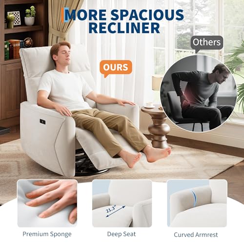 Image of GarveeHome Power Recliner Chair, 270 Swivel Rocking Glider with USB Charging Port, Chenille Upholstered Fabric, Ergonomic Modern Nursery Chair for Living Room, Bedroom, Nursery (Beige)