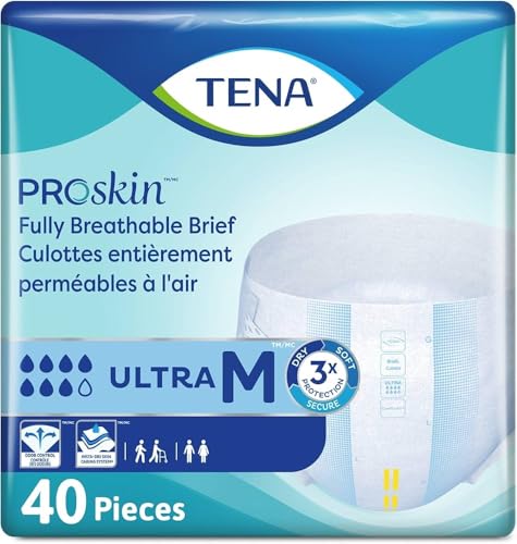 TENA Ultra Breathable Briefs, Incontinence, Disposable, Heavy Absorbency, Medium, 40 Count, 2 Packs, 80 Total