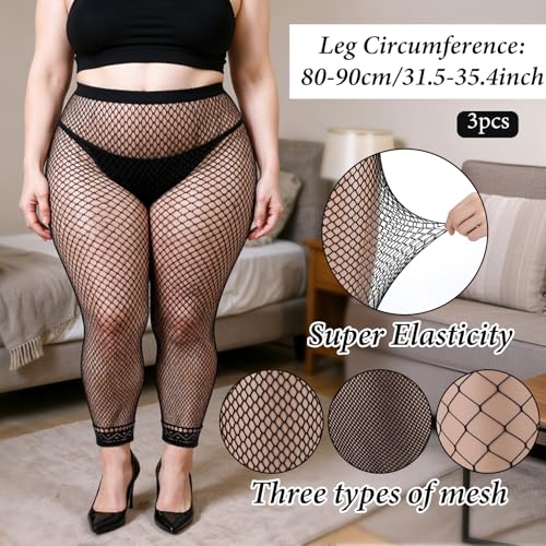 3 Pairs Women's Plus Size Fishnet Stockings, High Waist Stretchy Footless Tights, Black Pantyhose For Daily XL-4XL2