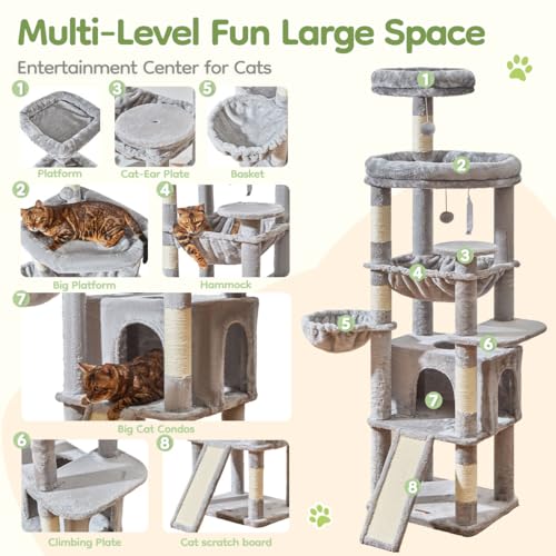 Image of Taoqimiao 72 Inches Cat Tree for Large Cats, Multi-Level Tall Cat Tower, Widened Cat Condo with Large Scratch Board, 5 Scratching Posts, Metal Hammcock, Cozy Basket, Light Gray, MS045W