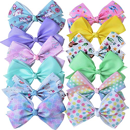 Hair Bows Clips for Girls - 5 Inches Alligator Clips for Girls Large Bow Unicorn Rainbow Grosgrain Ribbon Hair Barrettes Accessories for Toddler Teens Kids 12 Color
