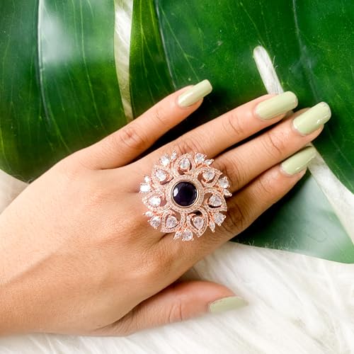 Image of I Jewels Rose Gold Plated Valentines Special Stylish Fashionable Design Floral CZ American Diamond Adjustable Finger Rings For Women & Girls (FL241)