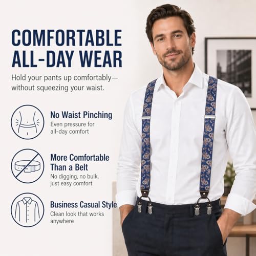 Image of Men's Heavy Duty Y-Back Suspenders, 6 Strong Metal Clips Adjustable Elastic Straps for Work, Tuxedos, and Daily Wear