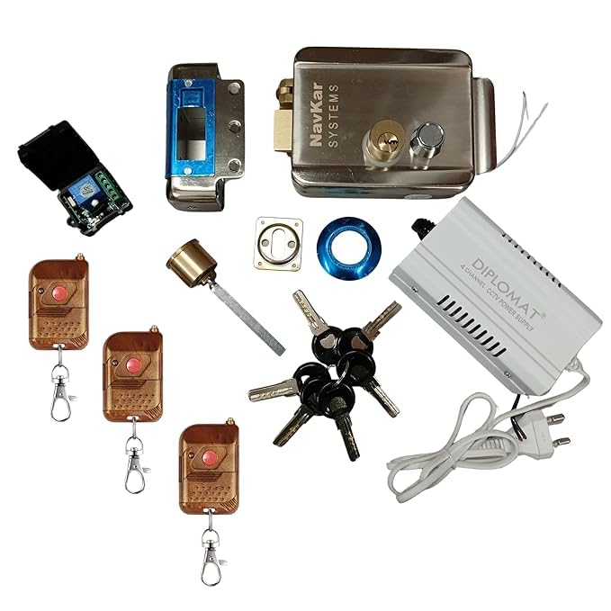 NAVKAR SYSTEMS Combo-CN59 Electronic Lock for Metal Gate with Remote Remote Receiver with 3 Remotes & 12v Power Supply (Electronic Door Lock for House Main Metal Door)
