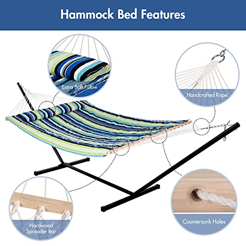 Image of ANOW Heavy Duty Hammock with 12FT Stand, Rope Hammock, Green & Blue Stripe