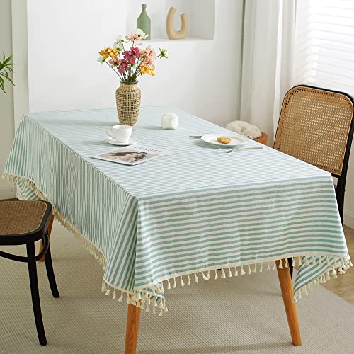 meioro Tablecloths Striped Tassel Table Cloth Rectangular Tablecloth Cotton Linen Table Cover Suitable for Home Kitchen Decoration (Green/White Stripes,140×220cm)