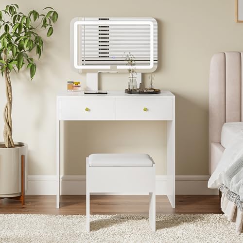 Tocador con espejo y taburete, mesa de maquillaje con luces de espejo y altura ajustable, moderno tocador esquinero con 2 cajones de almacenamiento, muebles de tocador cosméticos para dormitorio,