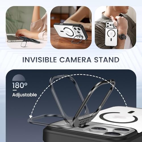 Image of VONZEE Clear Camera Kickstand Case for iPhone 17 Pro, Built-in Adjustable Camera Stand, Clear Magnetic Mag-Safe Shockproof Classic Series Phone Cover (Black)