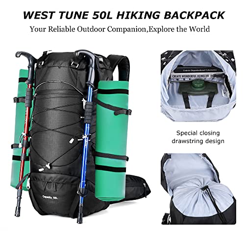 West Tune 50L Lightweight Hiking Backpack With Rain Cover,Camping Backpack For Climbing Camping Touring,Waterproof Hiking Daypack For Women And Men,Packable Backpack Black #TOP4