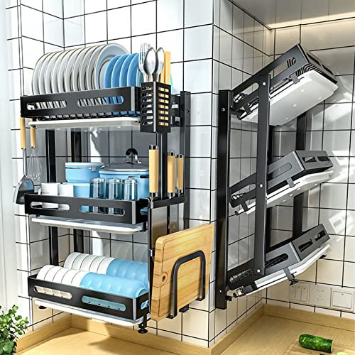 Foldable Stainless Steel Dish Drying Rack with Draining Tray, Cutlery Holder, and Hooks for Kitchen Organization