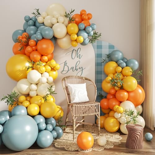Here Comes the Son Balloon Arch Kit 124Pcs Boho Retro Dusty Blue Burnt Orange Yellow Ivory White Balloons for Baby Shower First Trip Around the Sun Sunshine Theme Birthday Party Decorations