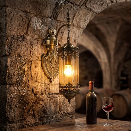 Image of Rustic Wall Sconce with Glass | Vintage Antique Wall Light Fixture E26 Mid Centry Lantern Bedside Sconces Wall for Living Room Bathroom Mirror