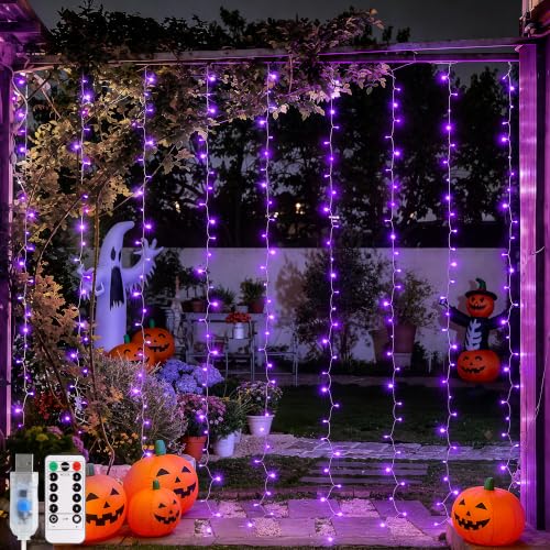 Image of JMEXSUSS 200 LED USB Purple Halloween Lights, 6.5ft x 6.5ft | Halloween Curtain Lights with Remote, 8 Modes Purple Curtain String Lights for Bedroom Party Halloween Decorations