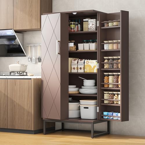 kepptory 51” Pantry Cabinets, Freestanding Kitchen Pantry Storage Cabinet with Adjustable Shelves, Buffet Cupboards Storage Cabinet for Home Office Use (Brown)