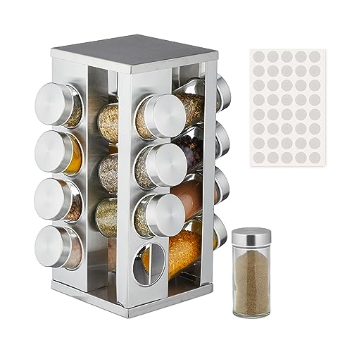 Relaxdays Especiero Giratorio, 16 Dosificadores, 360º, 40 Etiquetas, Acero Inoxidable, Cristal, 5x19,5 cm, Plata, 27,5 x 19,5 x 19,5 cm