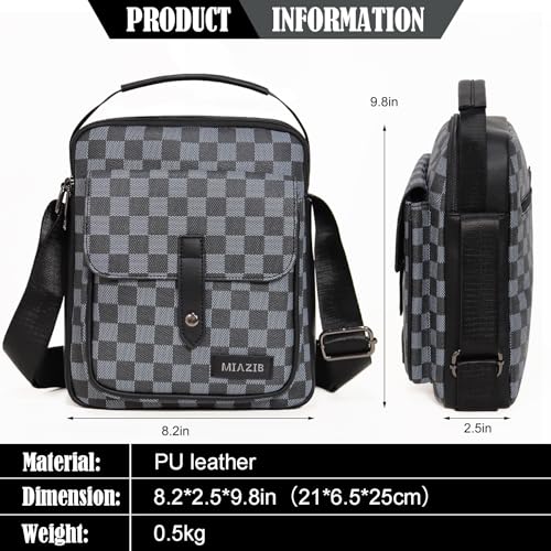 Men’s Crossbody Bag, Small PU Messenger Bag, Lightweight Shoulder Bag, Checkered Pattern for Daily Travel (L-Black and Grey)4