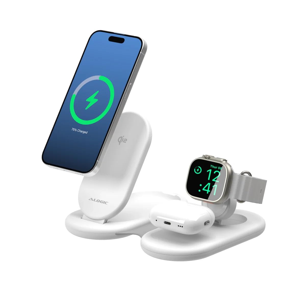 ALOGIC Packaway 3-in-1 Qi2 Wireless Charging Stand | Kabellose Ladestation | Bis 35 Watt | Für iPhone, Apple Watch und AirPods | Faltbar | USB-C I Weiß