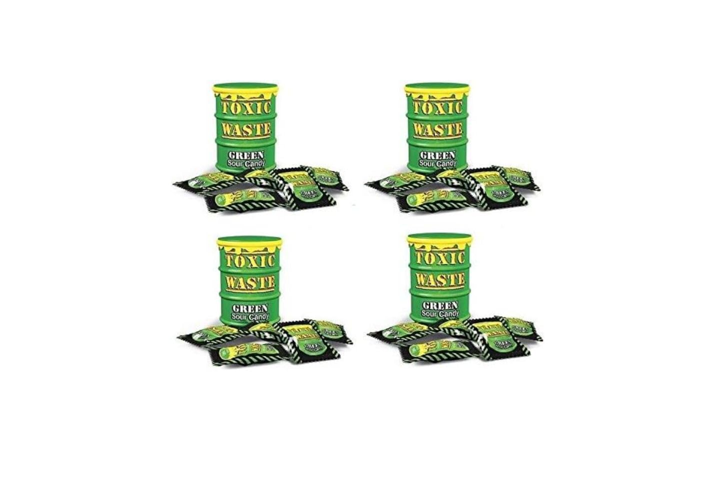 4 caramelos de tambor de residuos tóxicos verdes, sabores ultra ácidos (kiwi, lima, pera, melón, manzana)