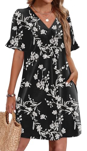 OFEEFAN Floral Dresses for Women Black Summer V Neck Casual Shift Dress Spring Fashion XL