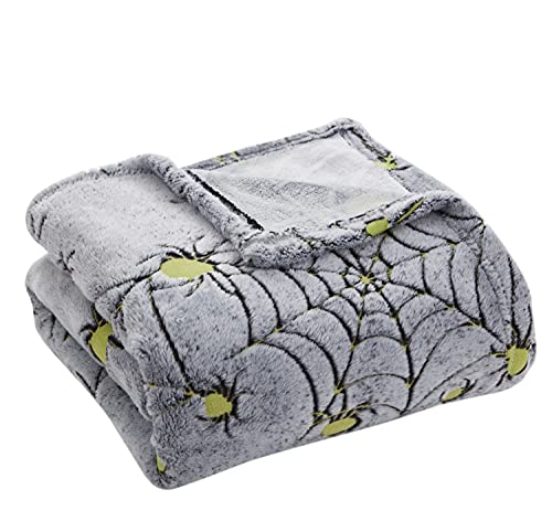 Serafina Home Halloween Glow In The Dark Throw Blanket: Spiders And Webs On Grey Velvet Fleece For Sofa Bed Couch Chair Dorm (Style 2) #TOP4