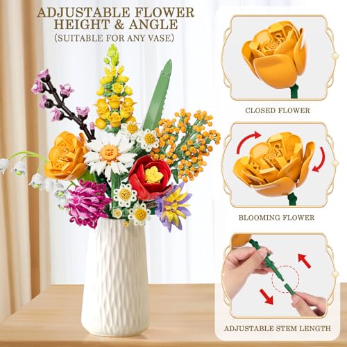 Flowers Bouquet Building Set, 1070PCS Wildflower Botanical Collection, Artificial Plant Flower Kit Toy for Adults Kids Women Her, Home Decor Gift for Birthday, Christmas, Valentines(No Vase) - image 3