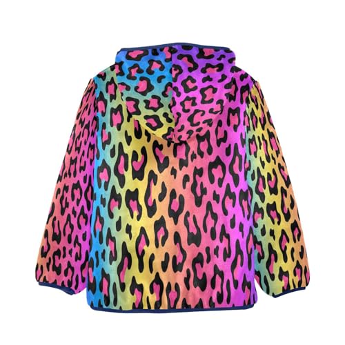 Neon Rainbow Leopard Print Toddler Fleece Jacket Girl Boys Hooded Fleece Jacket Coat Warm Outwear Zip-up 3-10T2