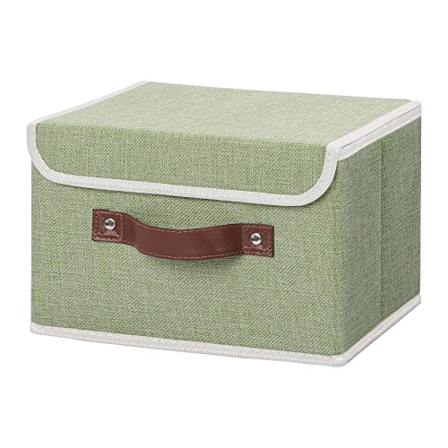 ANMINY Storage Bin with Lid Storage Boxes with PU Leather Handles PP Plastic Board Decorative Foldable Lidded Cotton Linen Fabric Home Cubes Baskets Closet Organizer Container – Green, Small Size