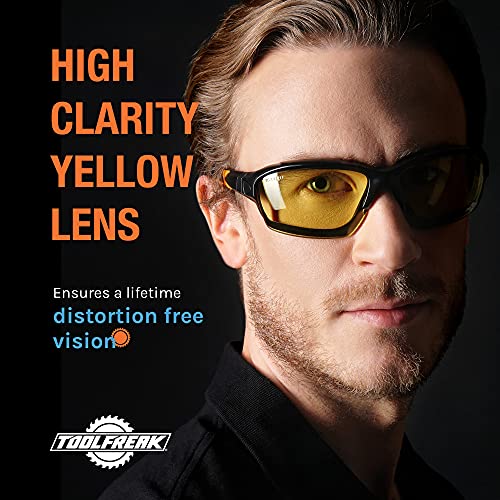 Image of ToolFreak Spoggles Safety Glasses for Work and Sport HD Yellow Lens, Anti Glare, Impact Protection, Filter Out Blue Light, Foam Padded, ANSI Z87 Rated, Head Strap and Carry Pouch