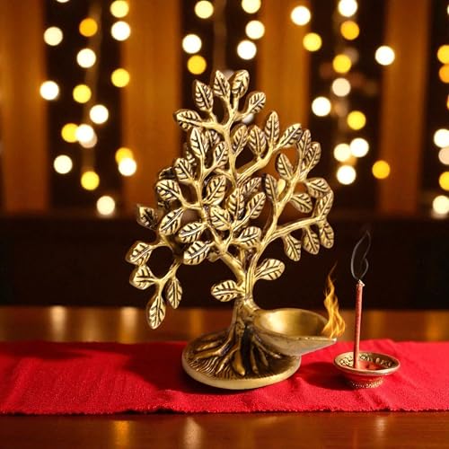 Image of Brass Kalpavriksha Tree with Diya in Antique Brass Finish | Tree of Life Showpiece for Home Decor, Feng Shui | Good Luck Gift for Office, House Warming, Temple | H : 5.75 in, W : 480 Grams