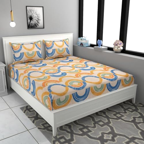 Image of 300 Tc Bedsheet for Double Bed King Size 78x72 Inches with 2 Standard Size 17x27 Inches Pillow Covers 8 Inches Mattress with Deep Pocket - Mix Circle Pattern Printed, cotton