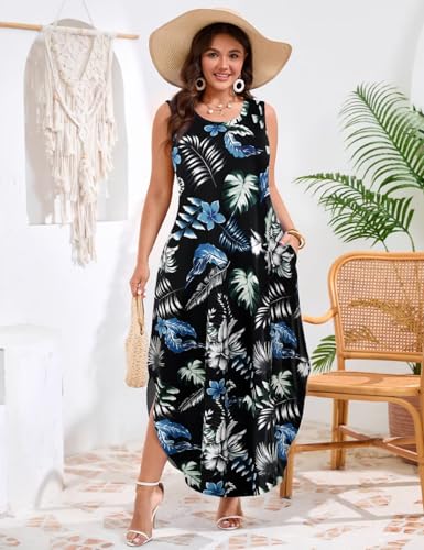 Image of JollieLovin Women Plus Size Summer Tank Maxi Dresses Sleeveless Causal V Neck Beach Long Dresses Swim Cover up (L-5X)