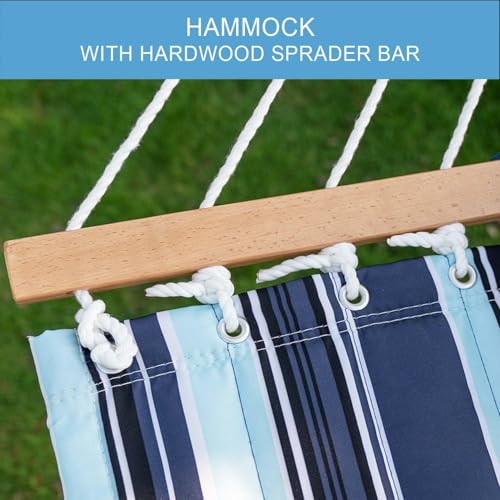 Image of Lazy Daze Hammocks 12 FT Quilted Fabric Double Hammock with Spreader Bars, Detachable Pillow and Carabiners, 450lbs Weight Capacity, Ocean Blue Stripes