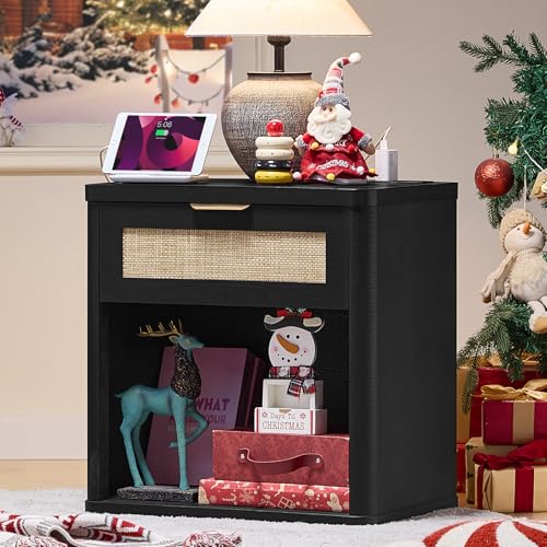 Image of LEYAOYAO Rattan 23 inch Nightstands with Charger for Bedroom | Gold Metal Handle, Storage Shelf, Black Night Stand with Drawer, Boho Bedside Table, Bed Side End Tables Living Room, Hallway