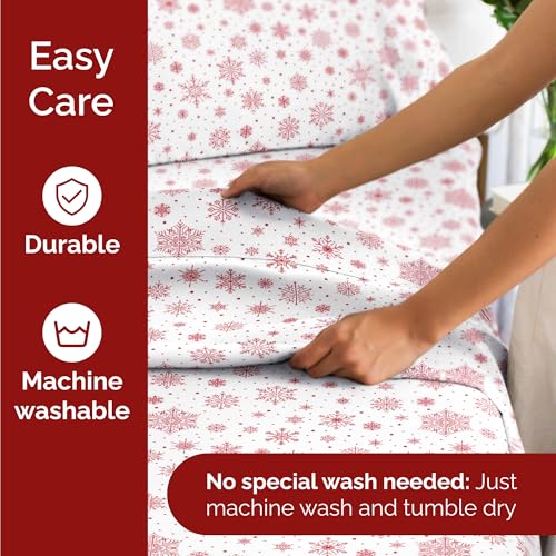 Twin XL Christmas Red Snowflakes Sheet Set - Holiday Xmas Pattern Bedding Set - Deep Pockets - Snug Fit - 3 Piece - Wrinkle Free - Comfy Festive Winter - Holiday Sheets for Women, Men, Kids & Teens