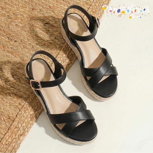 Image of PANDNAINJIA Girls Sandals Wedge Platform Heels Dress Shoes | Little Big Kids Girl Cross Strap Sandal Adjustable Espadrille Flatform Lightweight Flower Wedding Party Shoes