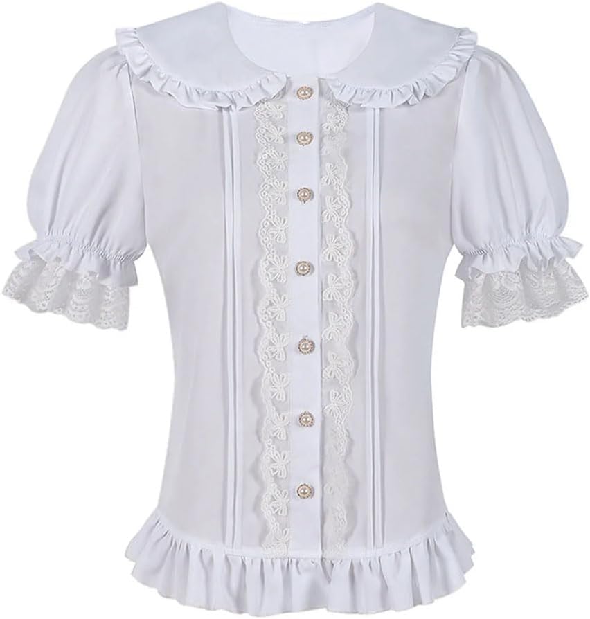 Women's Lace Ruffled Short Puff Sleeve Shirt
