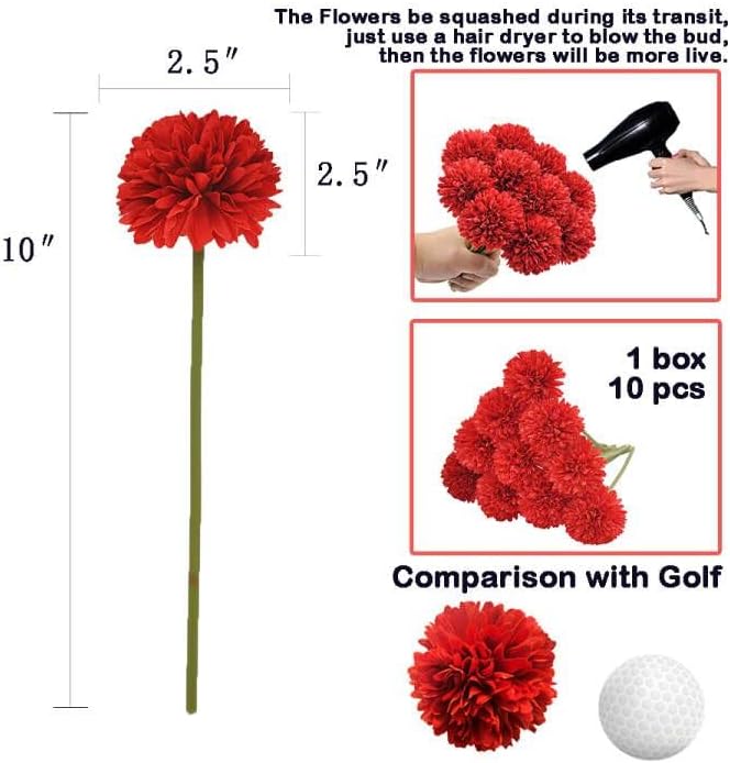 10Pcs Artificial Fake Flower Plants Silk Chrysanthemum Ball Hydrangea Arrangements Wedding Bouquets Decor Home Kitchen Garden Party Table Floral Centerpieces DIY (Red) - Image 2