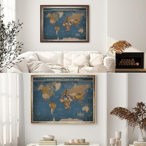 Image of DECORARTS - Oversized Personalized World Travel Map with Pins, Custom Name, Pin Board Canvas Wall Art, Navy Blue World Decor, Optional Wood Frame, Giclee Print, Handcrafted in USA, 40x30''