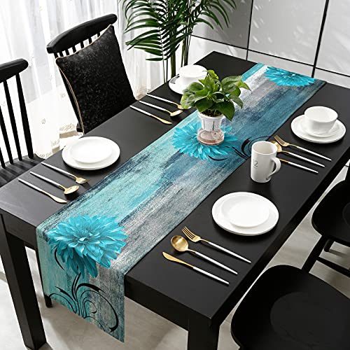 Burlap Linen Table Runner - 36 Inch Long， Aqua Dahlia Pinnata Floral Kitchen Dining Table Runner Dresser Scarves, Modern Art Abstract Teal Aqua Farmhouse Decor For Coffee Table Wedding Party Banquet #TOP3